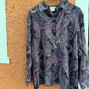Women’s Bon Worth Paisly Button Down Sheer Top Purple Pink Medium Petite